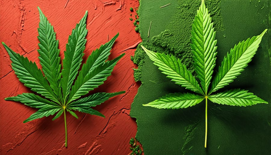 Side-by-side visual of cannabis and kratom leaves highlighting their differences