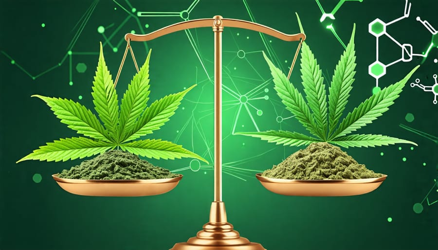 Illustration of a balanced scale comparing kratom and cannabis leaves, symbolizing their roles in natural medicine and highlighting the therapeutic revolution.