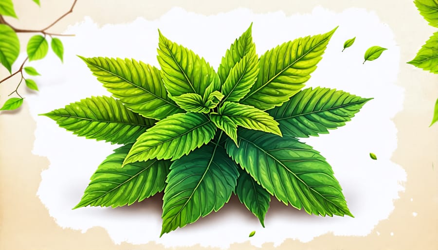 Illustration showing a kratom plant with green leaves, used in natural medicine