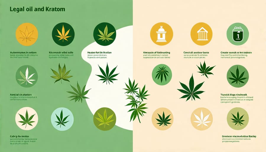 Infographic showing the varying legal statuses of kratom and cannabis across the globe