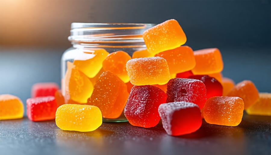 A variety of THCA gummies on display in a transparent jar, highlighting their colorful appearance