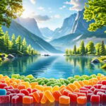 A conceptual illustration showing THCA gummies, symbolizing the journey of natural relief in alternative medicine, set against a serene landscape background, emphasizing their therapeutic benefits.