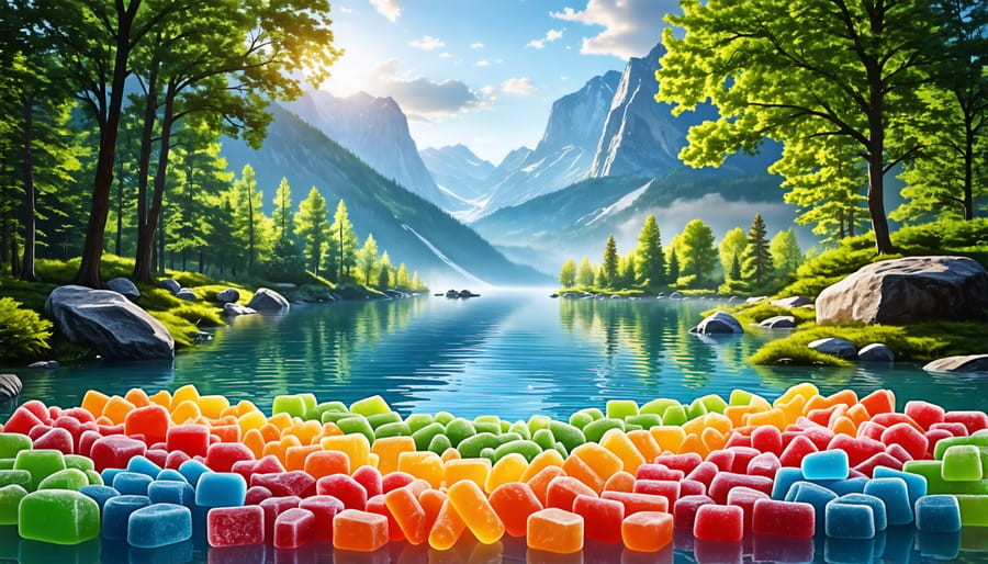 A conceptual illustration showing THCA gummies, symbolizing the journey of natural relief in alternative medicine, set against a serene landscape background, emphasizing their therapeutic benefits.