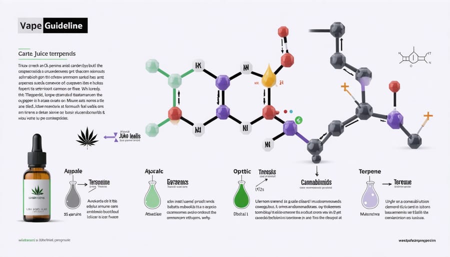 Scientific diagram of CBD, THC, and terpene molecular structures in cannabis vape juice