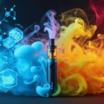 Artistic depiction of a vaporizer emitting colorful vapor interwoven with icons of cannabinoids and terpenes, highlighting the scientific and therapeutic aspects of cannabis vaping.