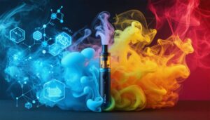 Artistic depiction of a vaporizer emitting colorful vapor interwoven with icons of cannabinoids and terpenes, highlighting the scientific and therapeutic aspects of cannabis vaping.