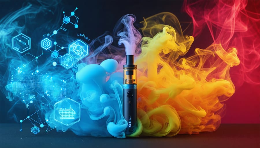 Artistic depiction of a vaporizer emitting colorful vapor interwoven with icons of cannabinoids and terpenes, highlighting the scientific and therapeutic aspects of cannabis vaping.