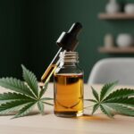 Close-up of a glass vial of amber hemp-derived oil on a wooden surface with fresh hemp leaves nearby in a clean, natural setting.