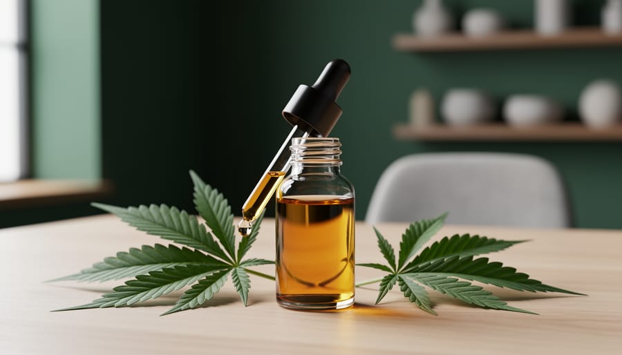 Close-up of a glass vial of amber hemp-derived oil on a wooden surface with fresh hemp leaves nearby in a clean, natural setting.