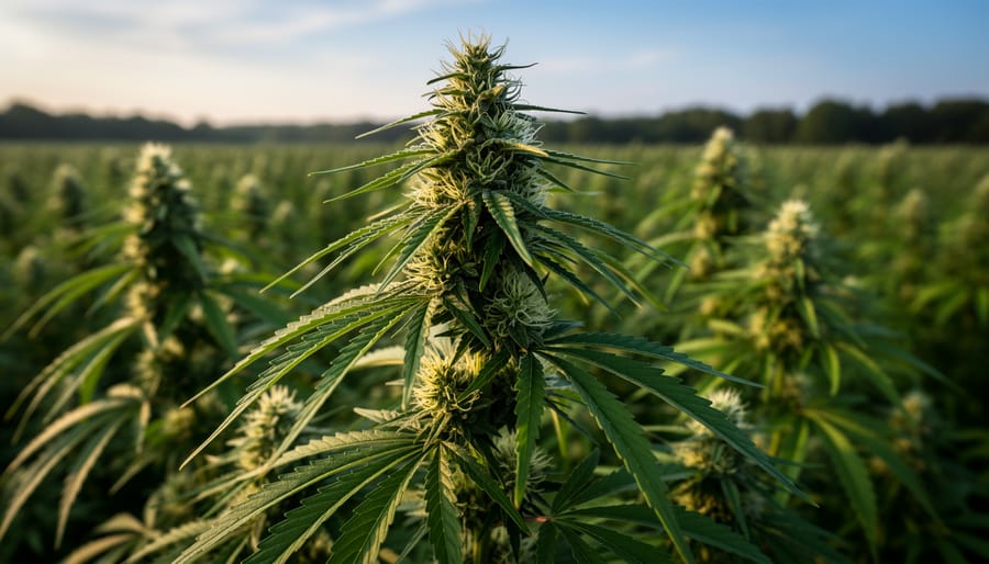 Hemp plants with green fan leaves growing in an outdoor field under natural daylight