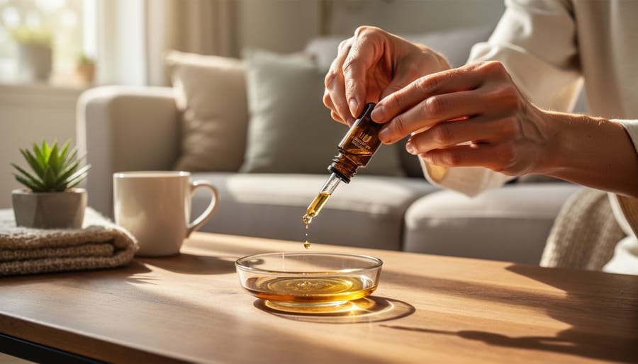 Person measuring hemp-derived cannabinoid oil using a dropper next to a glass jar